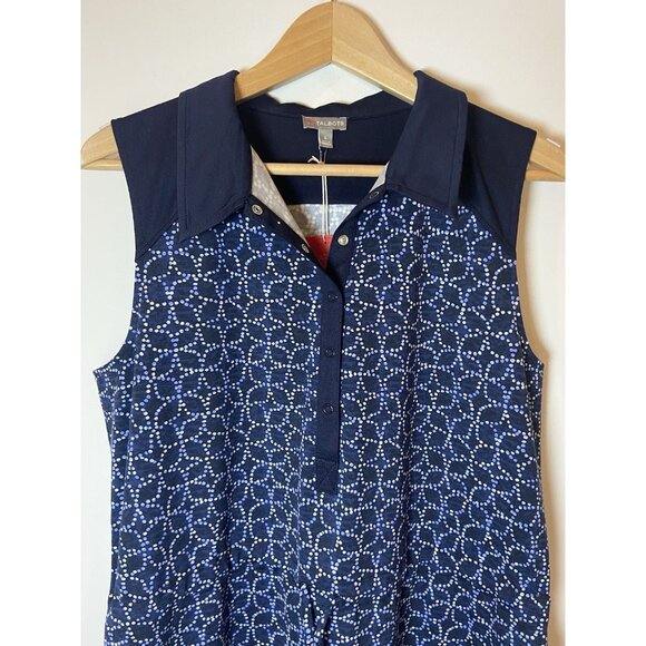 NWT T by Talbots Athletic Dress Tie Waist Sleeveless Collar Blue Cream L New - Picture 2 of 5